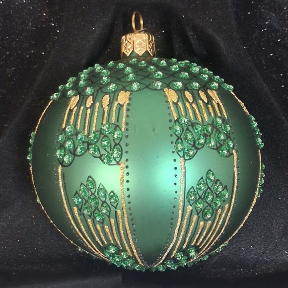 2 Vintage Dept 56 Poland Glass Ornaments Green Gold Glitter Embellished Elegant - Picture 4 of 16